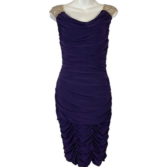 JS Boutique Womens Purple Ruched Stretch Knit Beaded Strap Cocktail Dress sz 8 - Picture 1 of 16